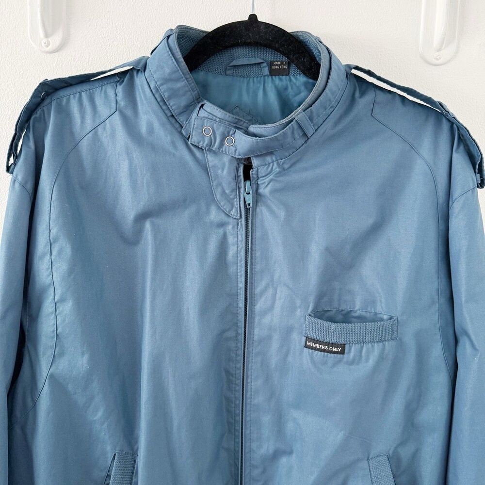 Vtg Members Only Cafe Racer Teal Blue Green Full Zip Bomber Jacket 44 L Large - Picture 6 of 16